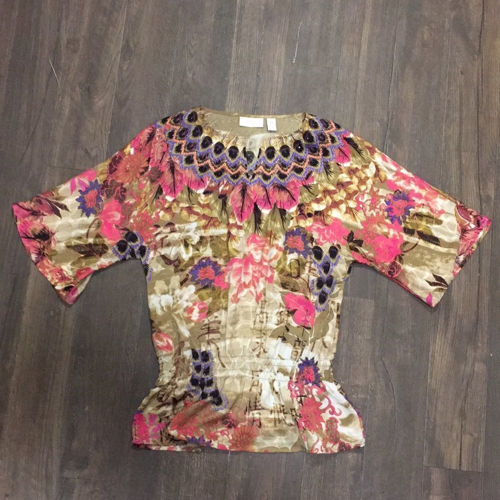 Chico boho gathered waist jeweled blouse